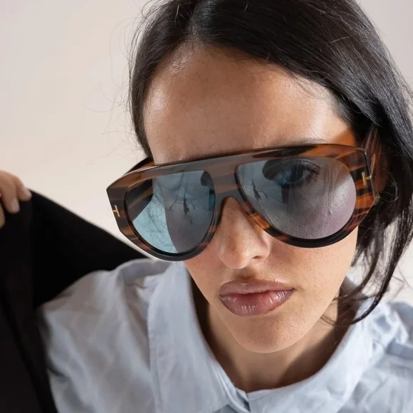 Tom Ford BRONSON Striped Brown Blue Sunglasses 60mm NWT - Picture 1 of 10